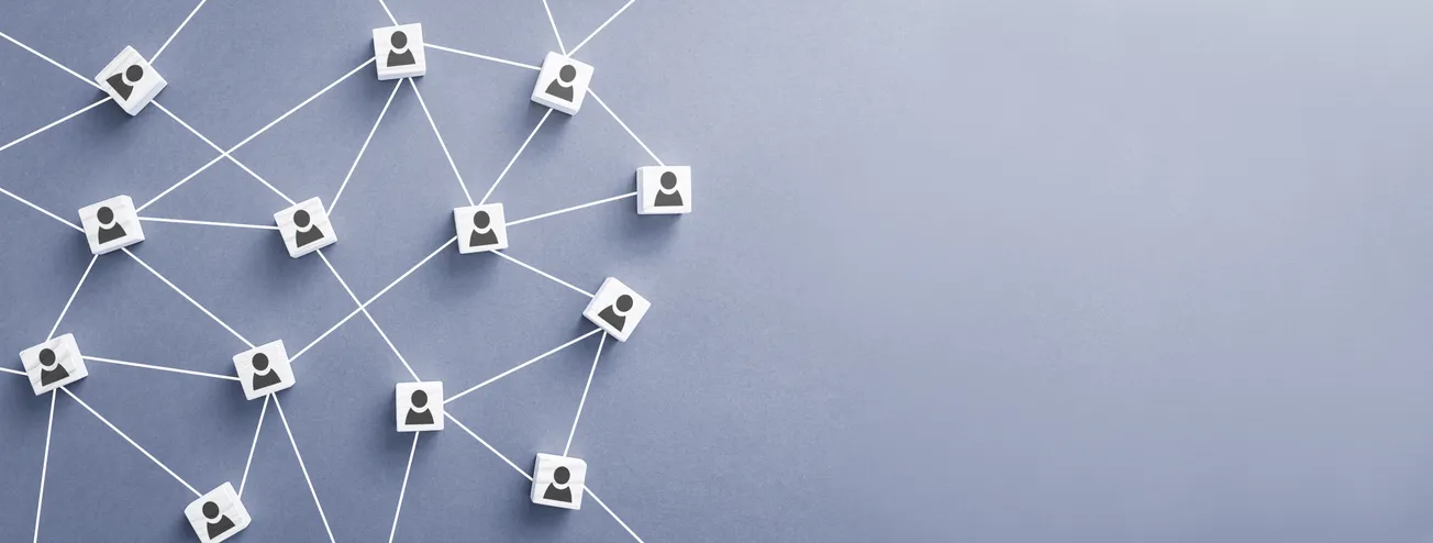 Icons of people connected by lines on a gray background suggest a social network or connectivity theme.
