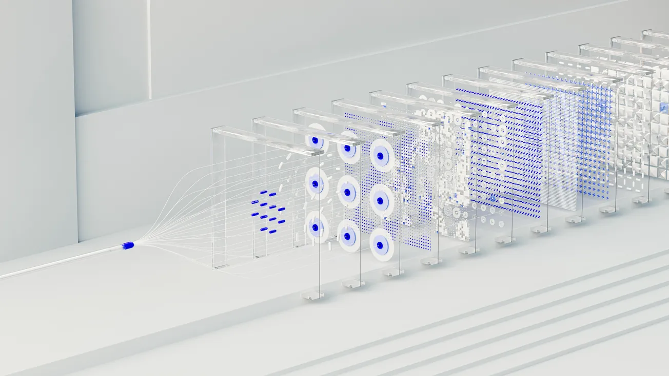 A futuristic data flow visualization featuring transparent grids and blue dots and circles, conveying a sense of complex technological processing.