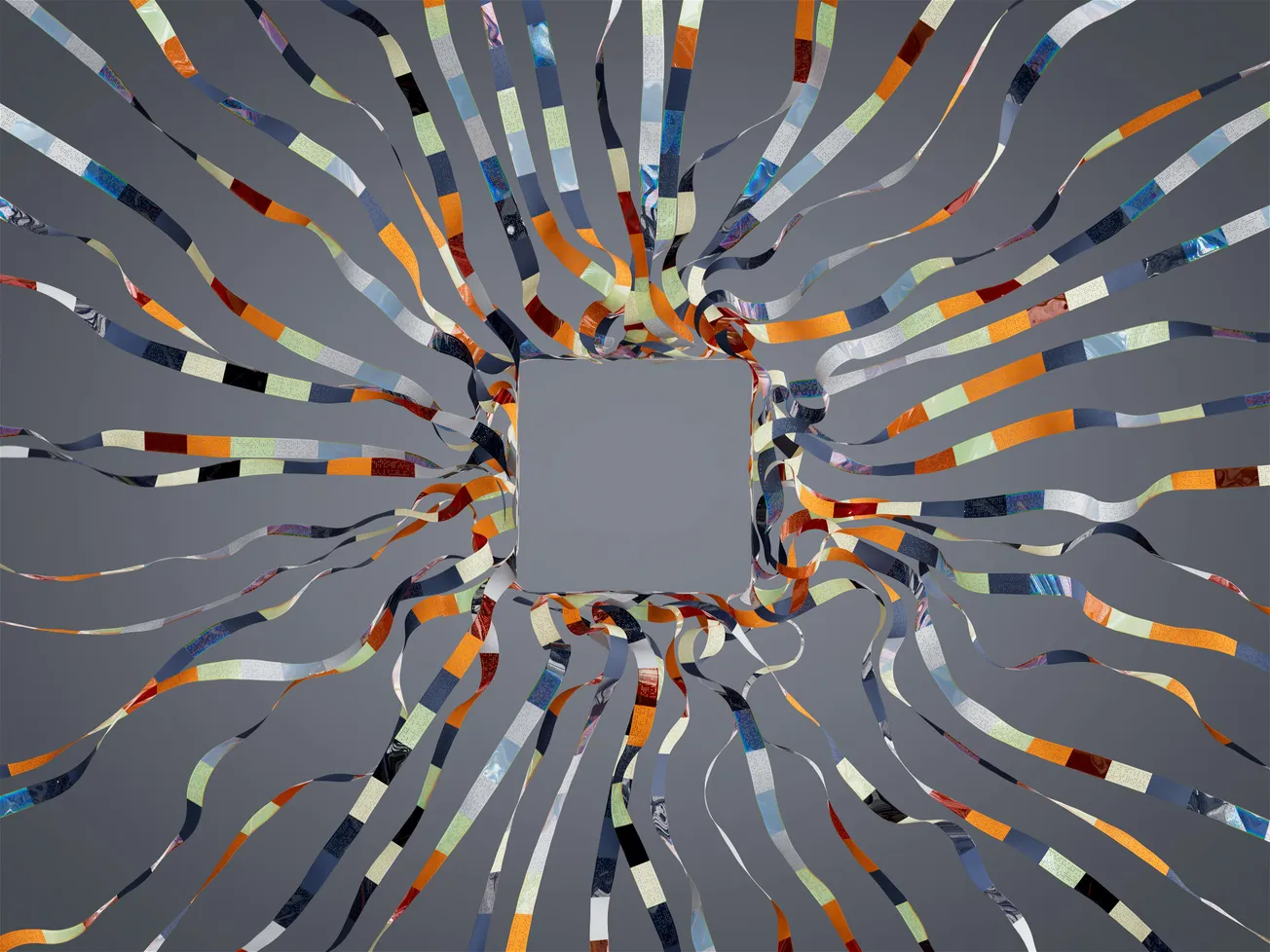 Abstract artwork features multicolored, wavy ribbons radiating from a central gray square, creating a dynamic, swirling effect on a dark background.