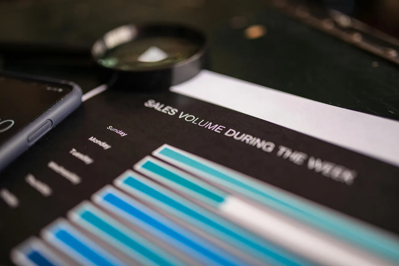 Close-up of a graph titled "Sales Volume During the Week," showing blue bars for each day. A magnifying glass and smartphone are partially visible.