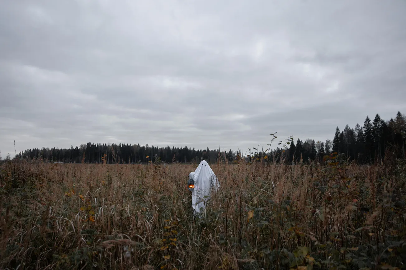 A person draped in a white sheet, resembling a ghost, walks through a tall grassy field holding a glowing lantern. The sky is overcast, creating a spooky, mysterious atmosphere.