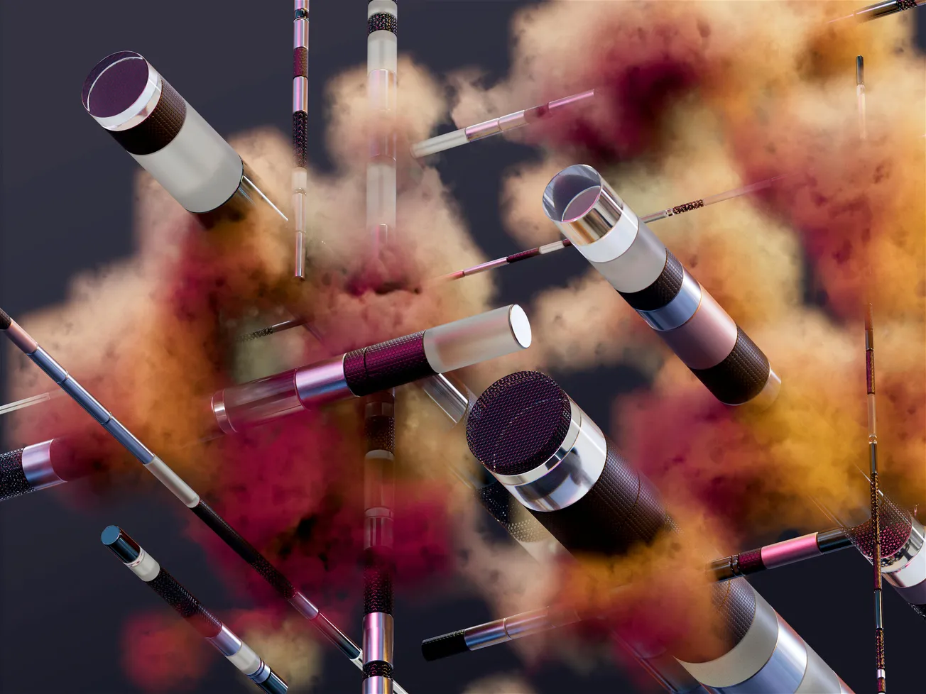 Floating microphones with multicolored bands are surrounded by vibrant clouds of orange, yellow, and pink dust against a dark background, creating a dynamic, surreal scene.