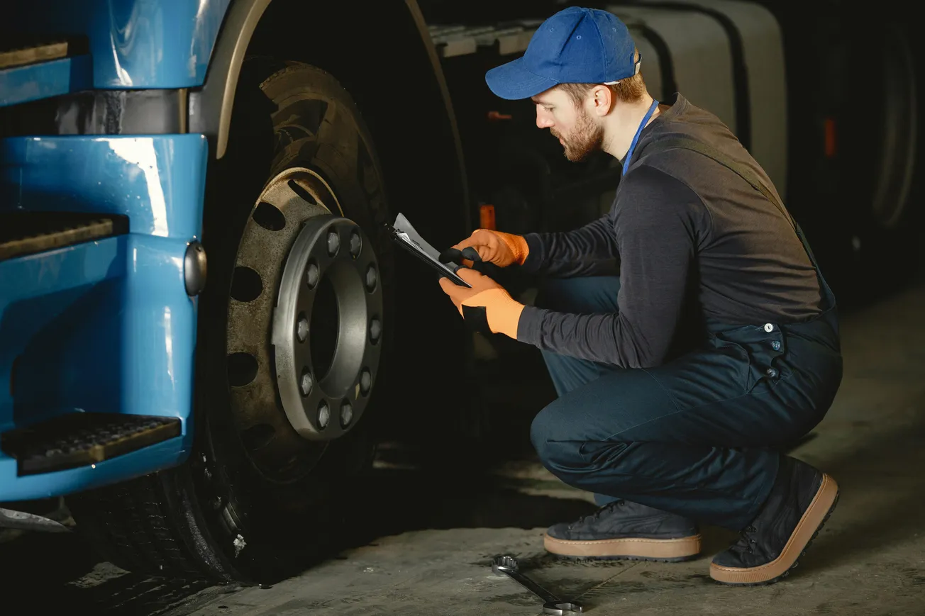 A mechanic in a blue uniform and cap examines a large truck wheel with a clipboard in hand. A wrench rests on the floor beside him.