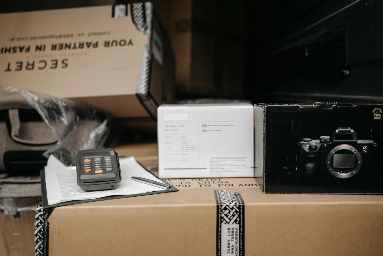Cardboard boxes and camera equipment on a warehouse shelf. A terminal and pen rest on documents, conveying a busy shipping environment.