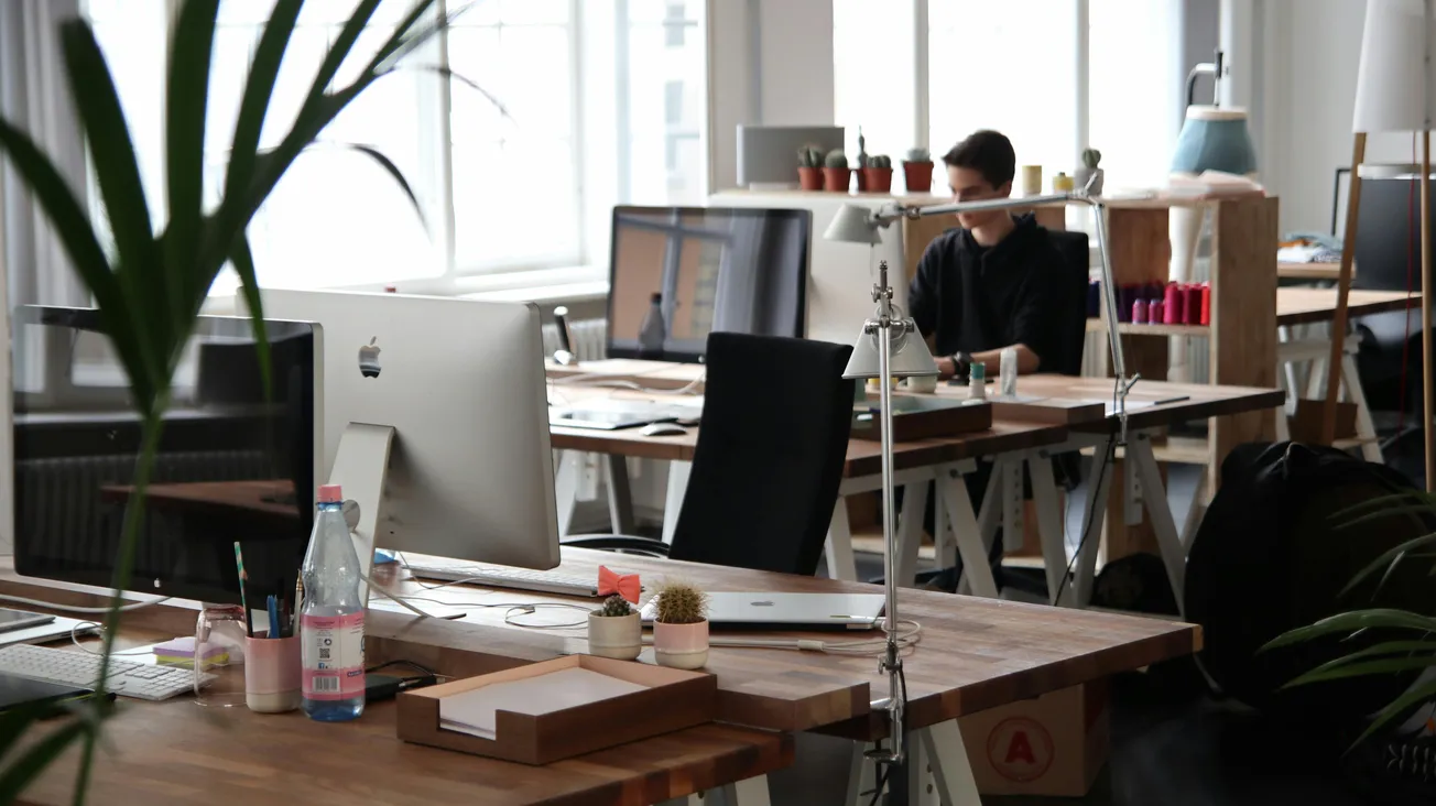 Modern office with wooden desks, computers, and potted plants. A person works in the background. The space feels bright, tidy, and focused.