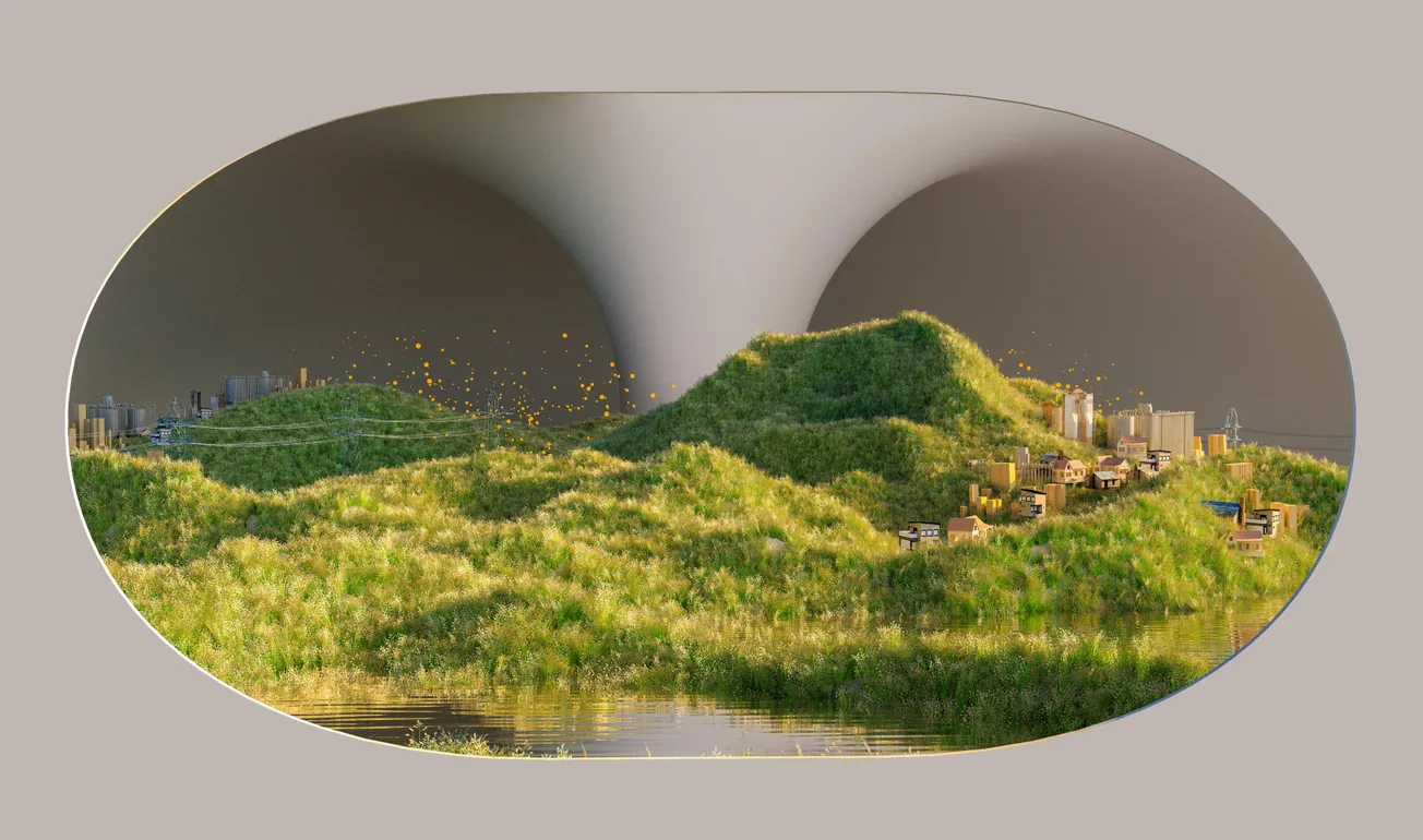 Oval image of lush green hills with small buildings, set against a stormy sky with a looming tornado. The scene conveys a sense of contrast and impending change.