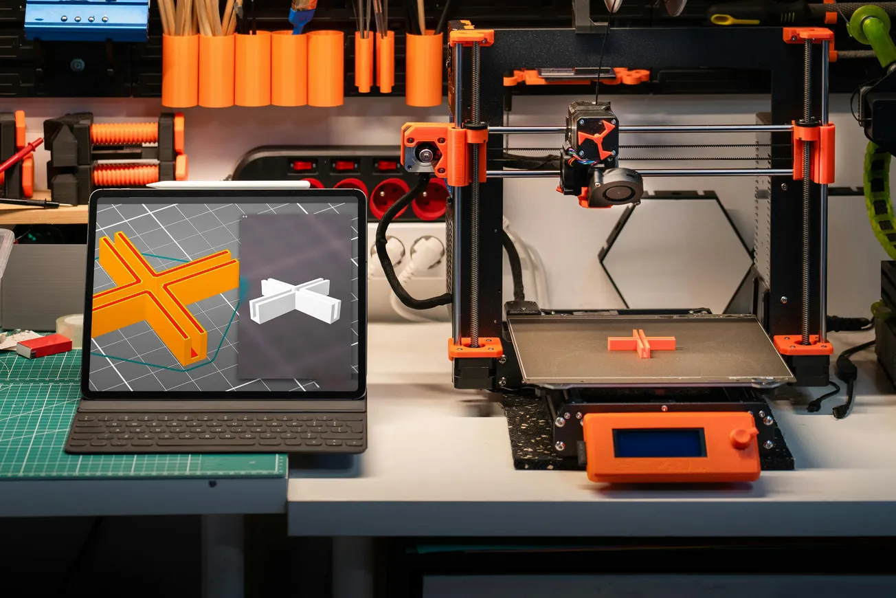 A 3D printer on a workbench next to a laptop displaying design software. The printer shows a completed orange part matching the 3D model on screen.