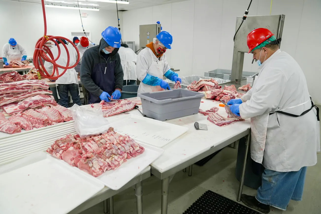 Three workers in a meat processing plant wear protective gear and sort meat on tables. The scene conveys a busy, focused industrial setting.