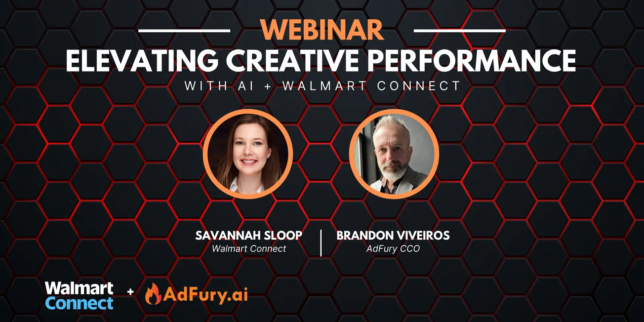Webinar banner titled "Elevating Creative Performance with AI + Walmart Connect." Features hexagonal background, headshots of two speakers, and logos for Walmart Connect and AdFury.ai.