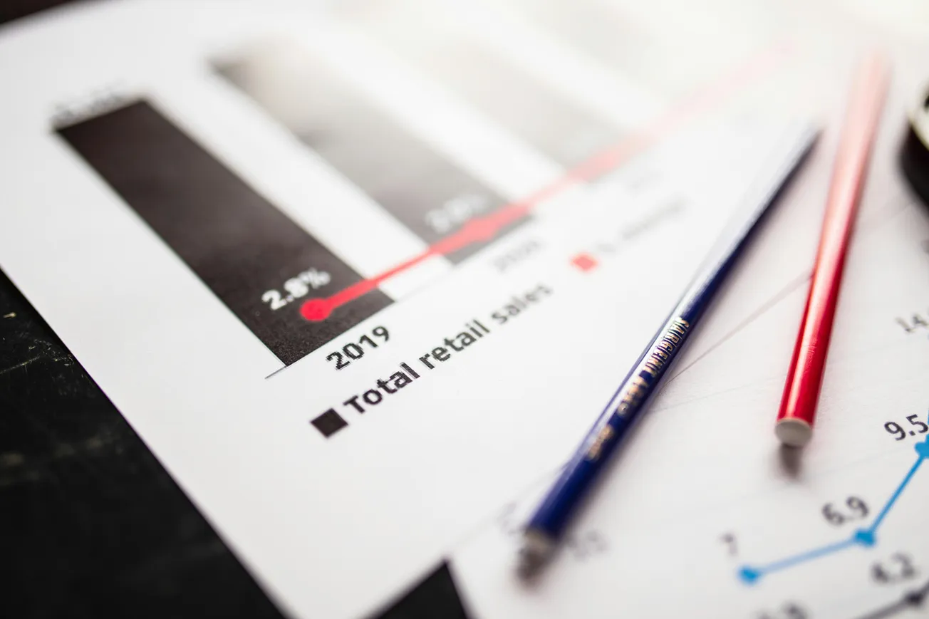 A bar graph titled "Total Retail Sales" shows data for 2019. Two pencils, one blue and one red, lie on the paper, suggesting analysis or planning.