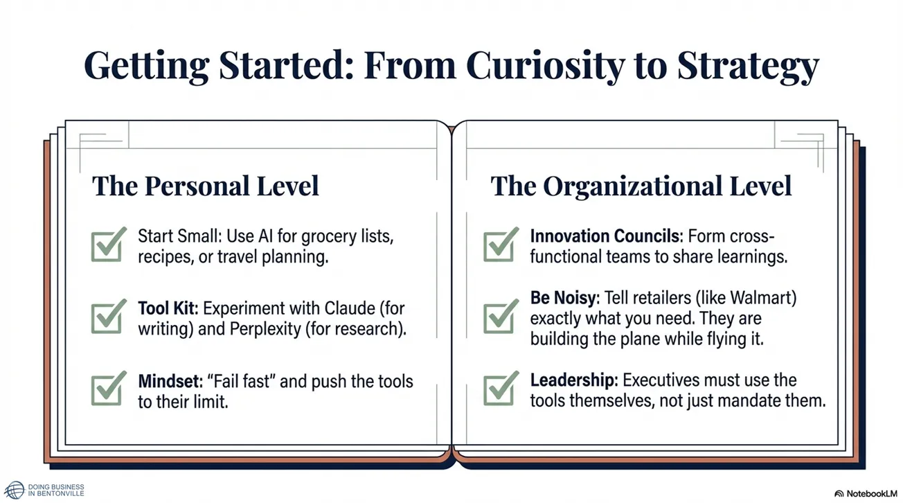 Infographic titled 'Getting Started: From Curiosity to Strategy' divided into 'The Personal Level' and 'The Organizational Level.'