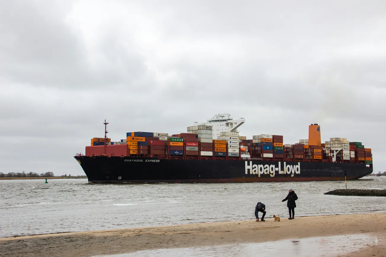 A large cargo ship stacked with colorful containers sails on a gray, cloudy day. Two people with a dog stand on a sandy shore, capturing a sense of scale and travel.