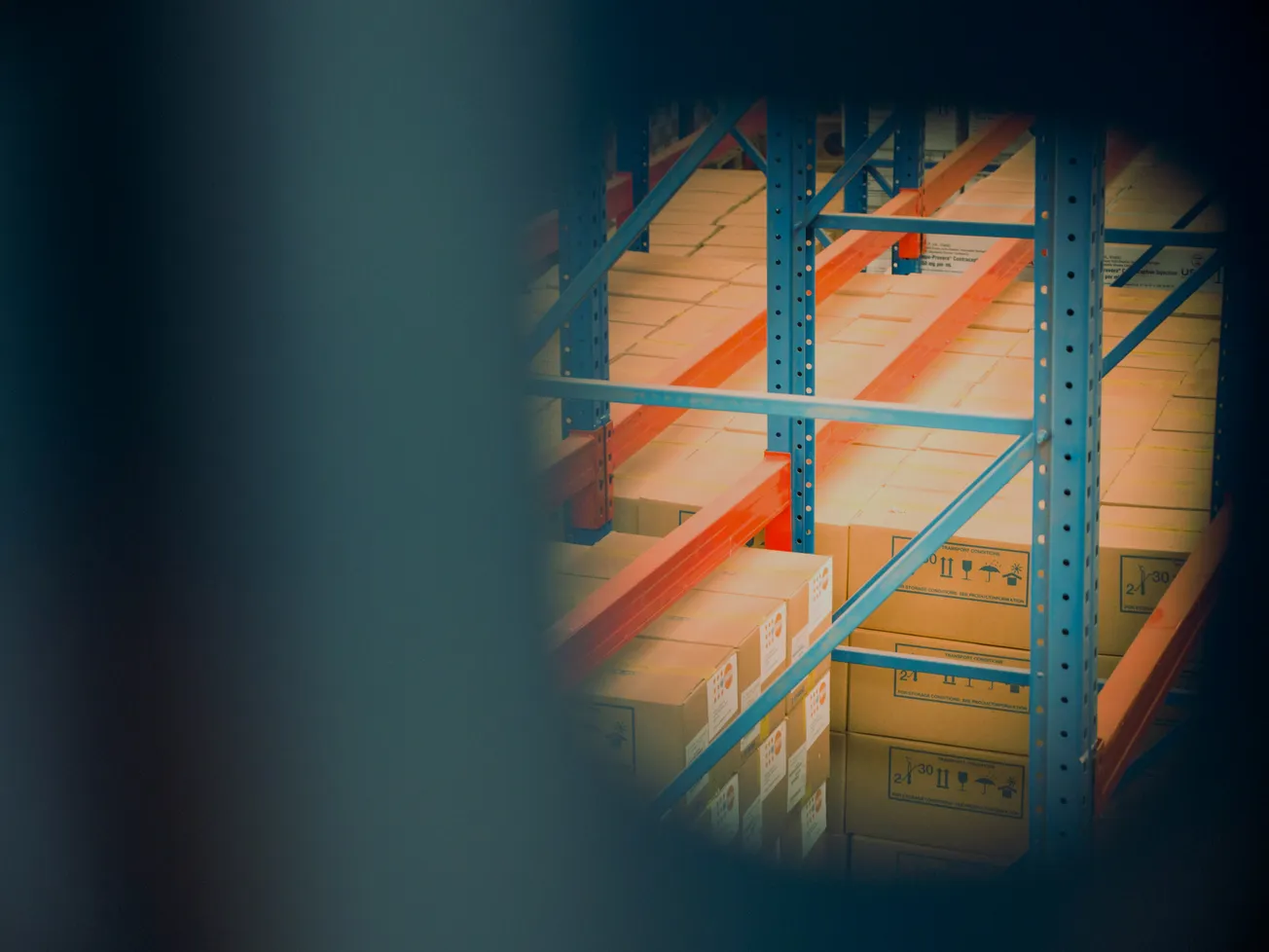 A warehouse interior viewed through a circular opening, showing stacked brown boxes on orange and blue metal shelves, conveying an industrial atmosphere.