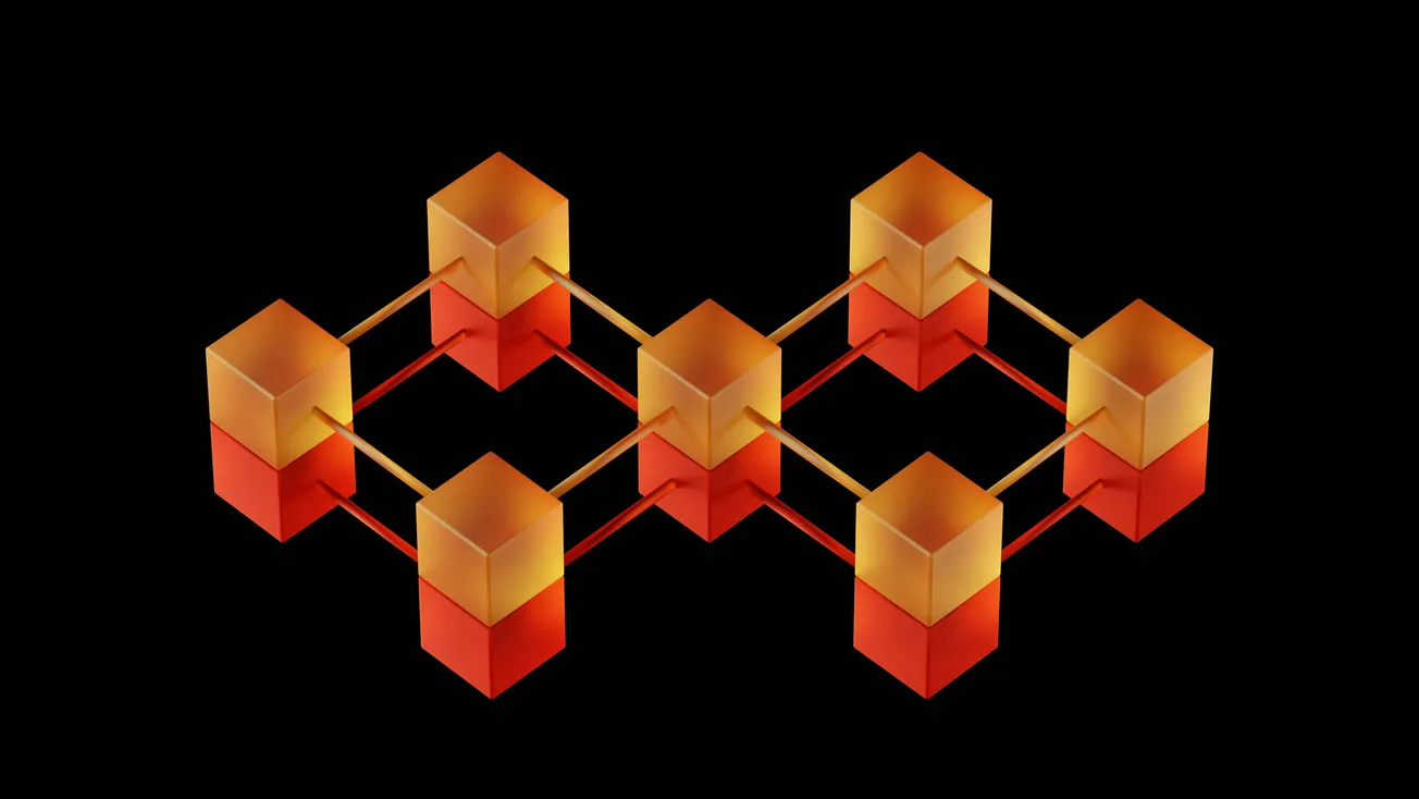 A geometric network of glowing orange and red cubes connected by lines on a black background, suggesting a futuristic or digital concept.