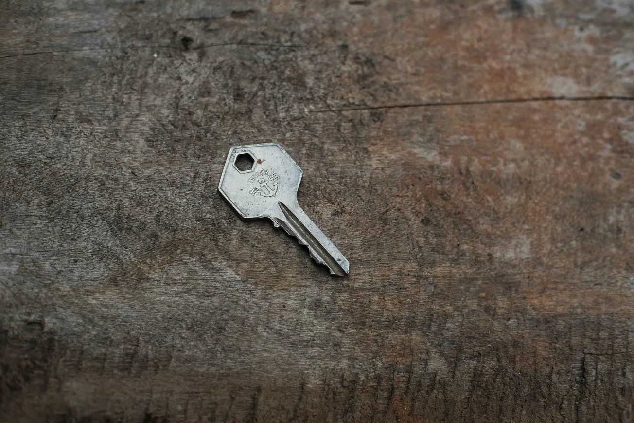 A single silver key lies on a worn wooden surface, its metallic sheen contrasting with the rough, textured wood. The scene feels rustic and simple.