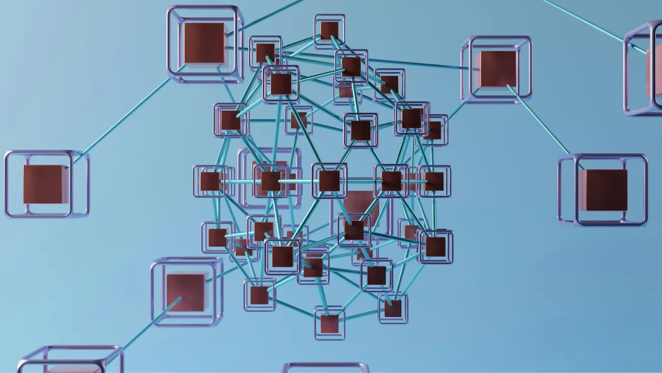 A digital network pattern with interconnected 3D cubes forming a complex geometric structure on a blue background, suggesting technology and connectivity.