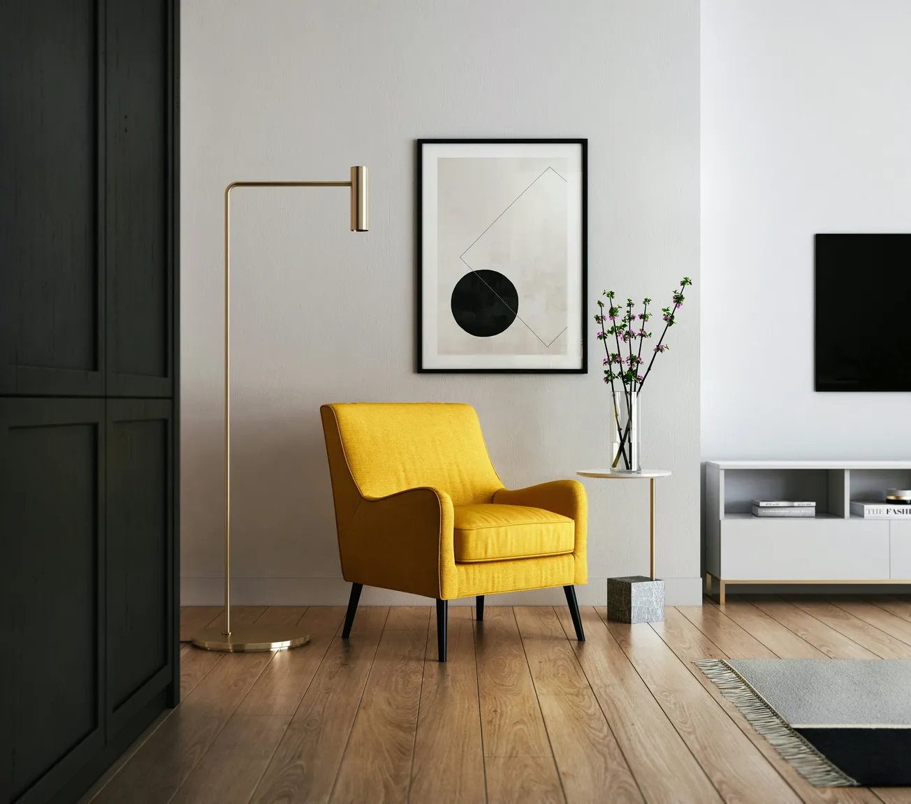 A cozy modern living room featuring a vibrant yellow armchair beside a sleek gold floor lamp. Minimalist art, wooden flooring, and a small side table with a vase add elegance.