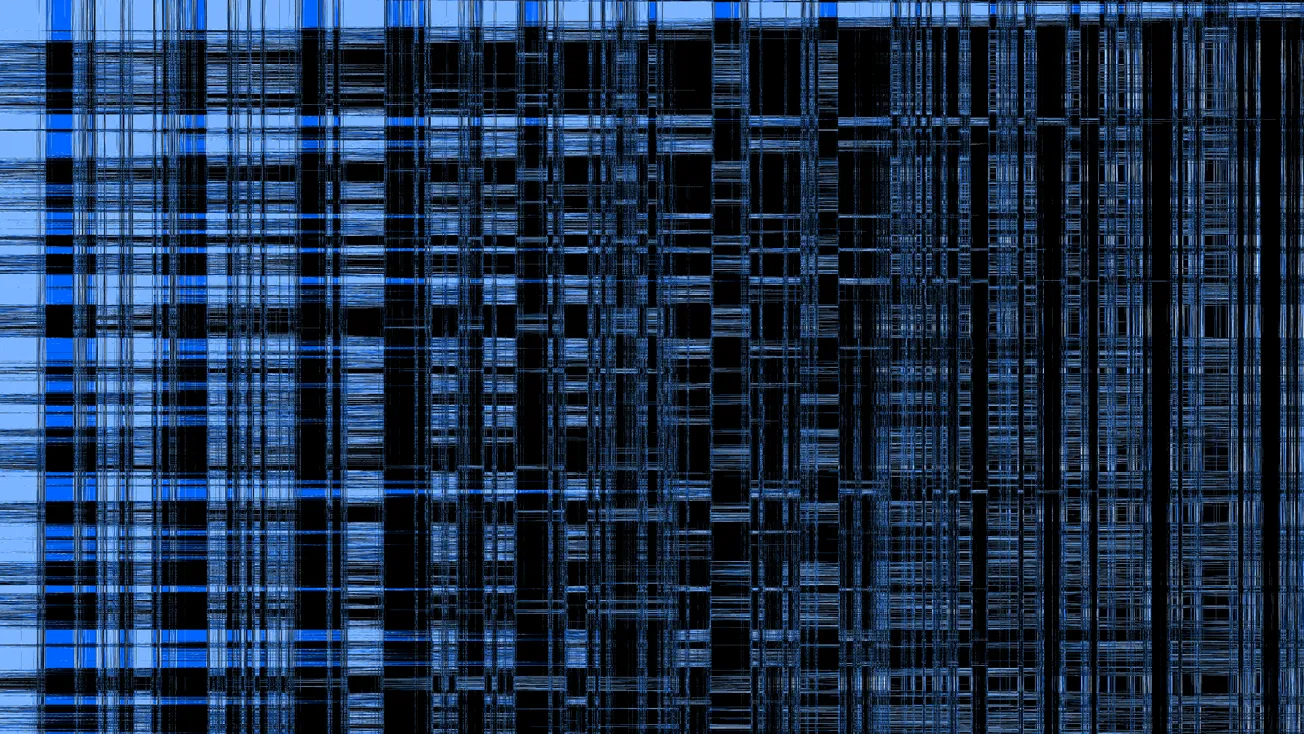 Abstract image with a complex grid of blue and black lines, creating a plaid-like pattern. The composition conveys a sense of intricacy and modernity.