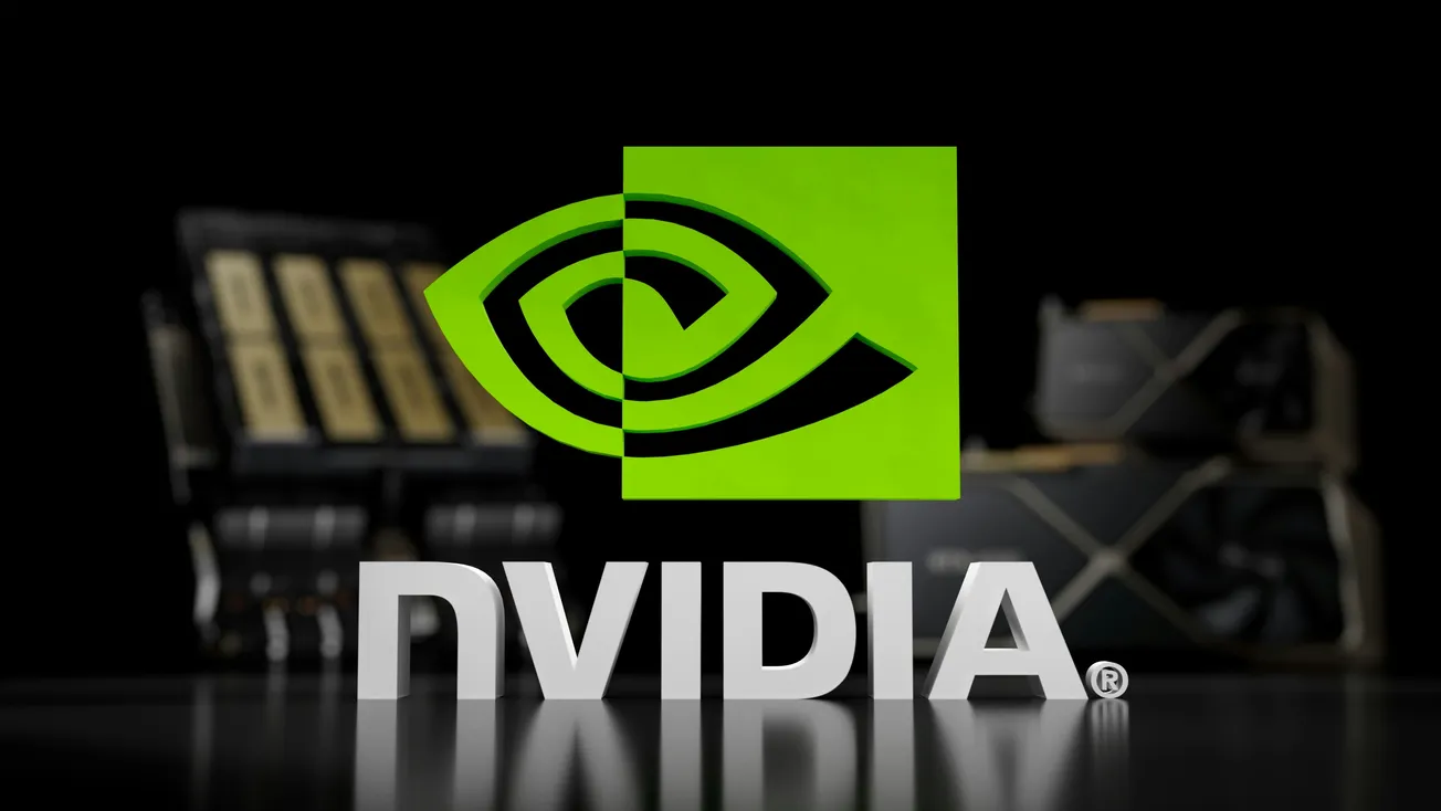 Alt text: "NVIDIA logo in bold white letters with a green and black eye symbol above it. Background features blurred computer hardware components. Tech, innovation vibe."