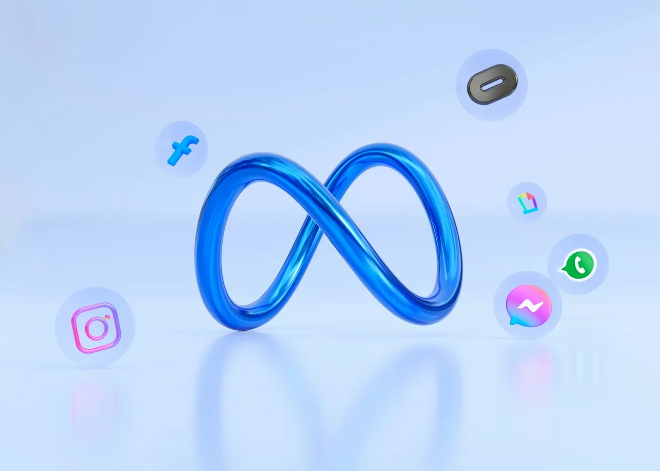 Blue infinity loop centered on a light blue background, surrounded by social media icons like Facebook, Instagram, and WhatsApp, suggesting connectivity.