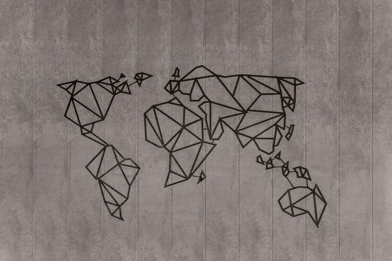 Geometric line art of a world map on a textured gray background. The continents are formed by interconnected triangles, creating a modern, abstract look.