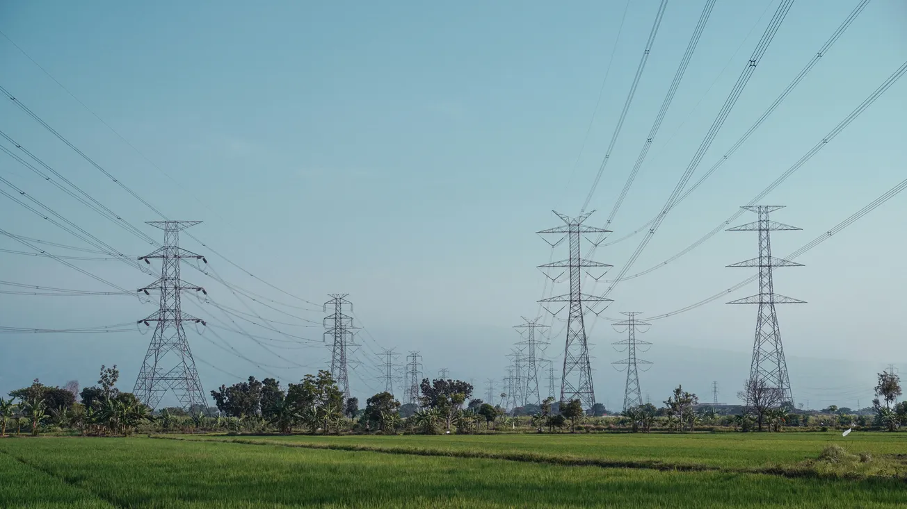 Transmission towers stretch across a lush, green field under a clear blue sky, conveying a sense of industrial juxtaposition with nature.